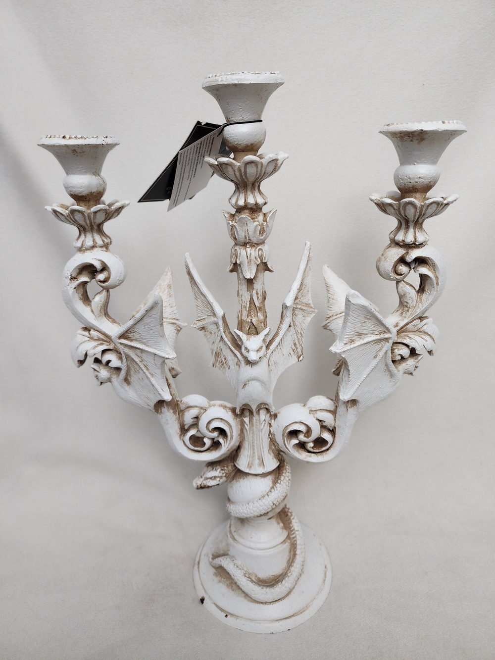 White Distressed Dragon Wing 3-Arm Candle Holder